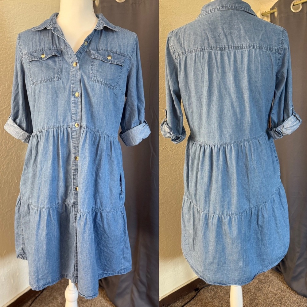 Millenium Womens Blue Denim Tiered Shirt Dress Button Front‎ Roll Tab Sleeve M